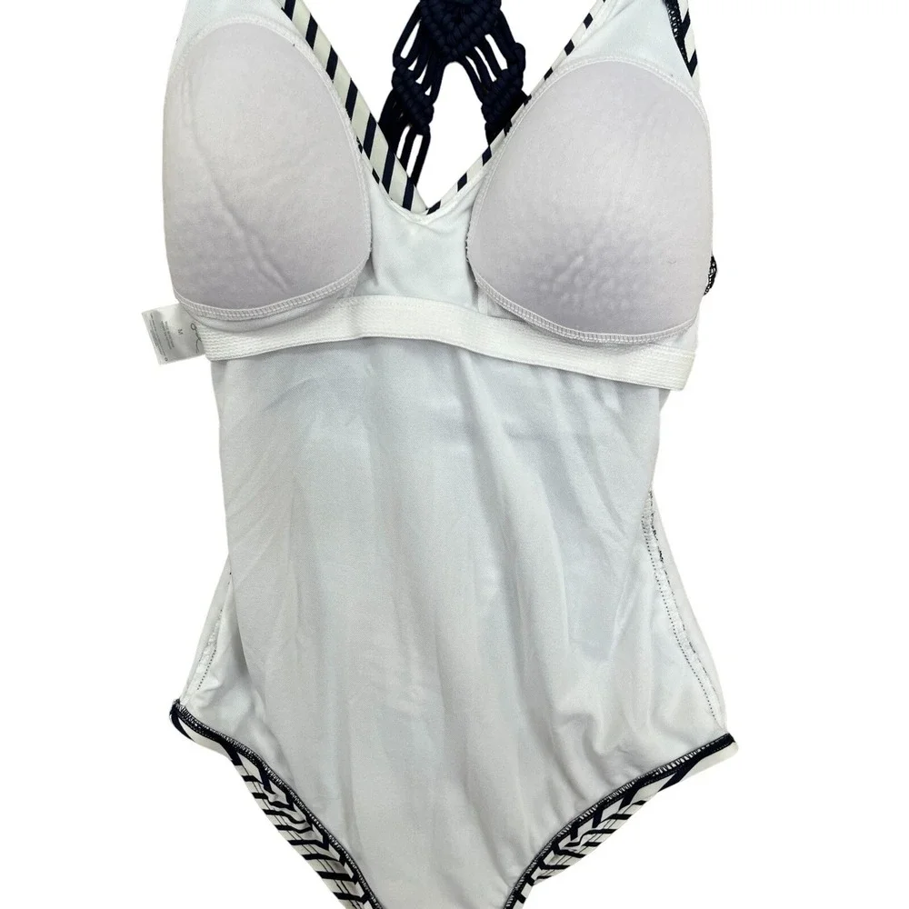 Kona Sol Bathing Suit Womens Medium Blue White Stripe 1 Pc Macrame Pool Vacation